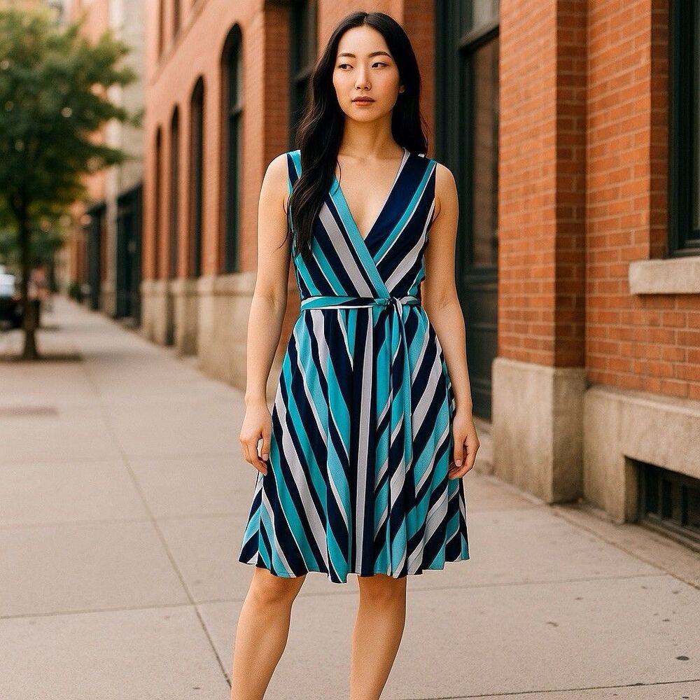 Apt. 9 Womens FAUX WRAP Multi Colored Striped Dress Size XLARGE SLEEVELESS